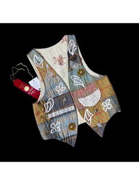 Vintage Vest Open Front Handmade Plaid Patchwork Style Cottage Granny Brooch 90s